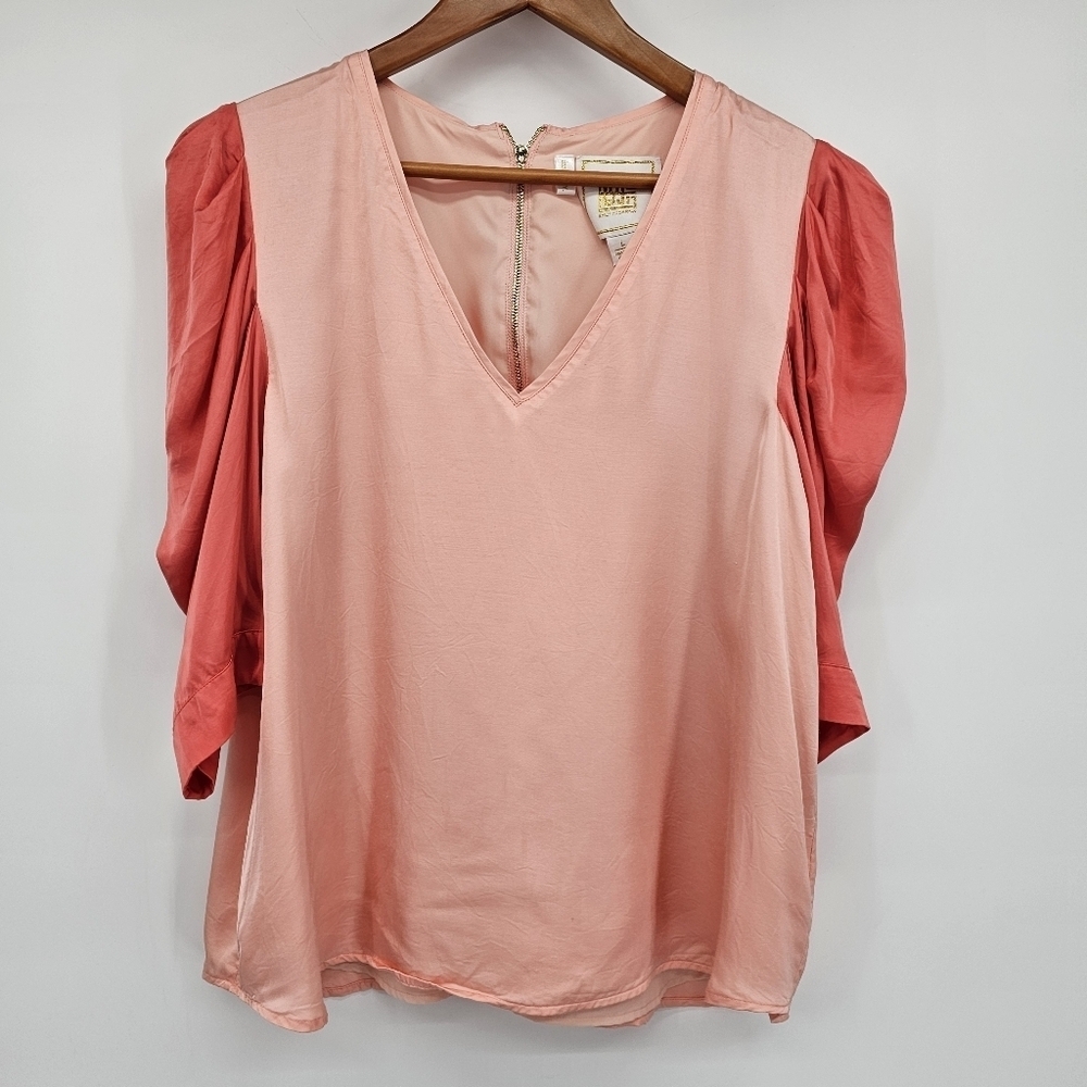 Emily McCarthy Too Coral Apricot Satin Colorblock Blouse Preppy Womens Large